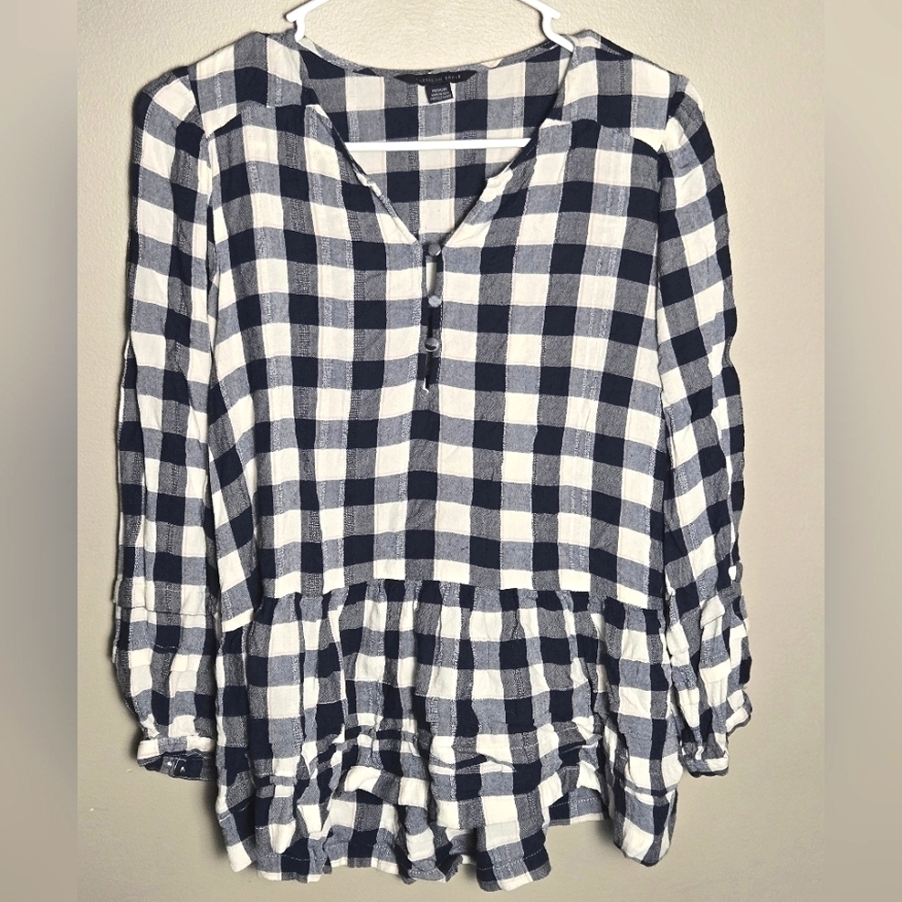 Women's American Eagle 100% Viscose Gingham Plaid Peplum Peasant Top, Medium